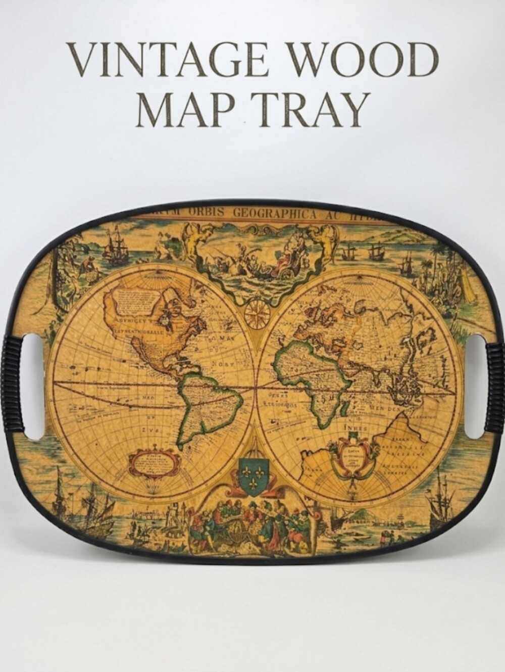 Vintage 18” Wooden Hondius World Map Serving Tray
